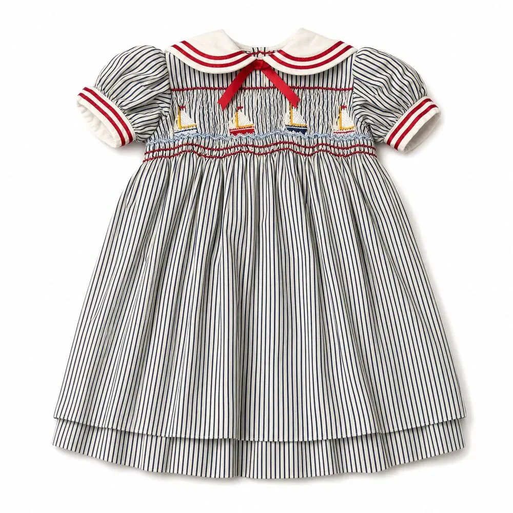 Vintage 1980s Girls Sailor Dress Smocked Nautical Striped Handmade Approx 4T